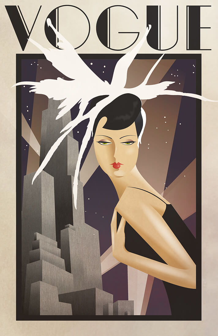 Bird feather hair style of a girl in a black dress having tall building in background. Vogue poster
