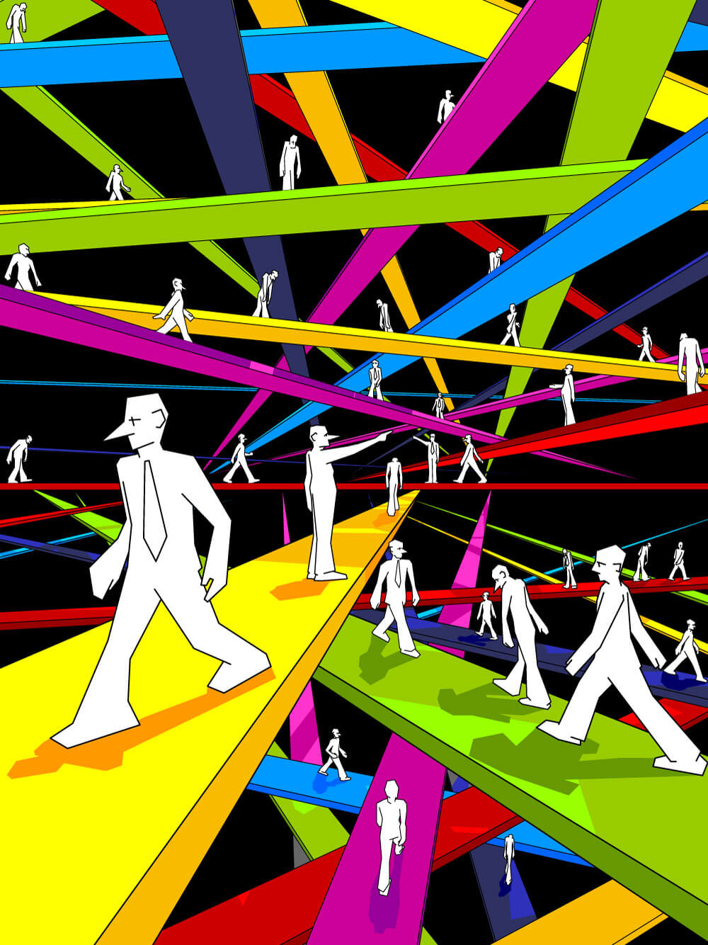 White abstract men, walking at colored strips