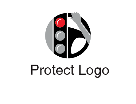 traffic light and steering wheel with hand in circle logo