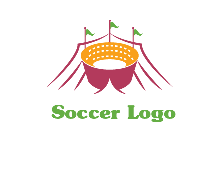 circus tent with flags around event logo