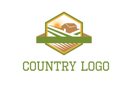 ribbon around sun and barn house with fields in hexagon farm logo