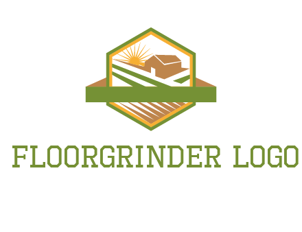 ribbon around sun and barn house with fields in hexagon farm logo