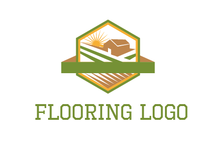 ribbon around sun and barn house with fields in hexagon farm logo