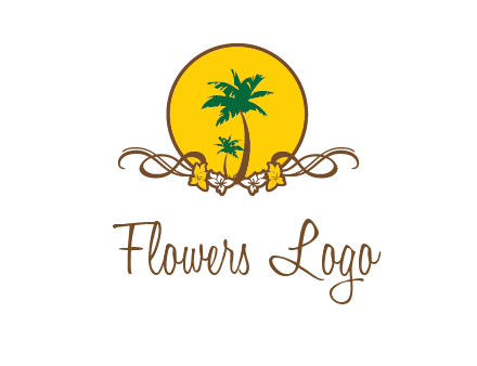 palm trees in circle with flowers and ribbons travel logo