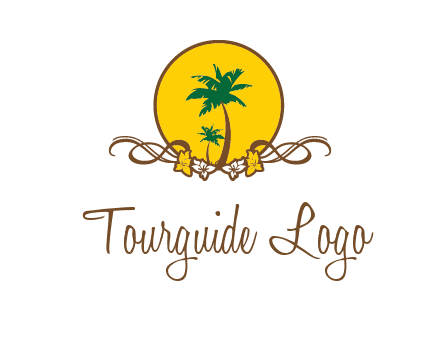 palm trees in circle with flowers and ribbons travel logo