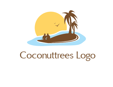 sun behind couple on island and palm trees travel logo