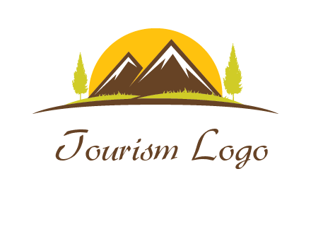 mountains with trees and sun travel logo