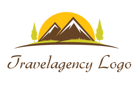 mountains with trees and sun travel logo