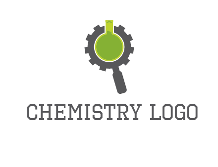 flask inside gear magnifying glass research engineering logo