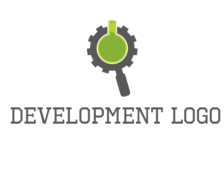 flask inside gear magnifying glass research engineering logo