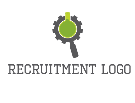 flask inside gear magnifying glass research engineering logo