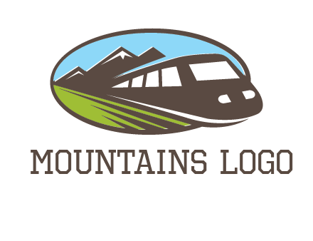 mountains and bullet train in oval illustration logo