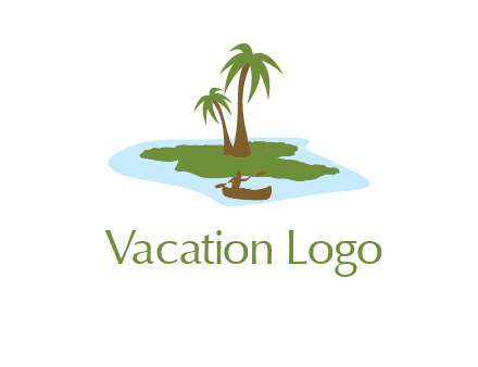 man rowing canoe to palm trees island illustration