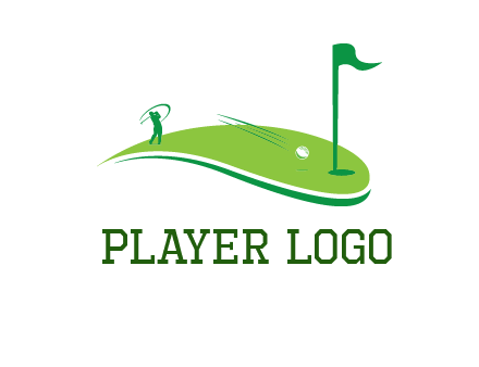 man standing on turf swinging golf club hits ball into hole illustration