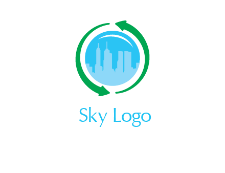skyscrapers in globe with recycle arrows