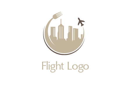 jet flying around skyscrapers and a curved fork