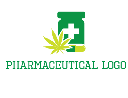 marijuana leaf, capsule and medicine jar logo