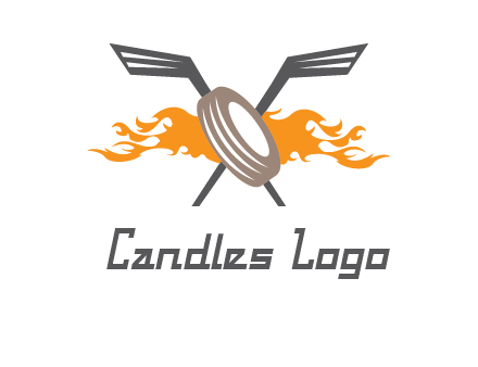 crossed hockey sticks and fire behind a tire logo