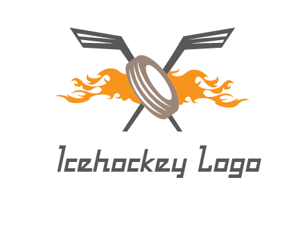 crossed hockey sticks and fire behind a tire logo