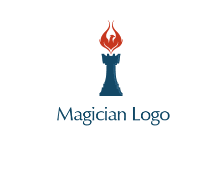 chess rook with phoenix flames logo