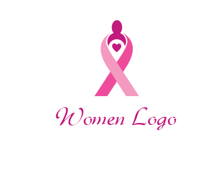 pink breast cancer ribbon logo with a heart and woman icon