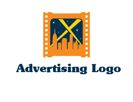 city skyline inside the film reel with spot lights logo