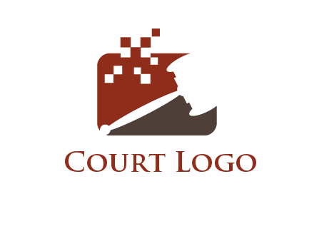 gavel inside the rectangle shape with pixels logo