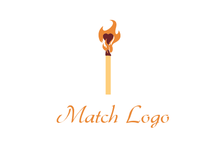 heart inside the abstract fire with match stick logo