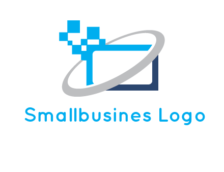 swoosh around the monitor with pixels logo