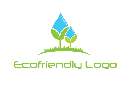 water drop merge with plant over grass logo