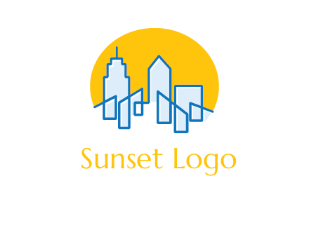city buildings with sun behind logo