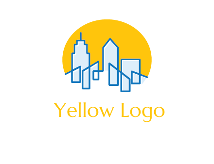 city buildings with sun behind logo