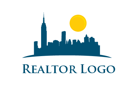 city skyline with sun logo