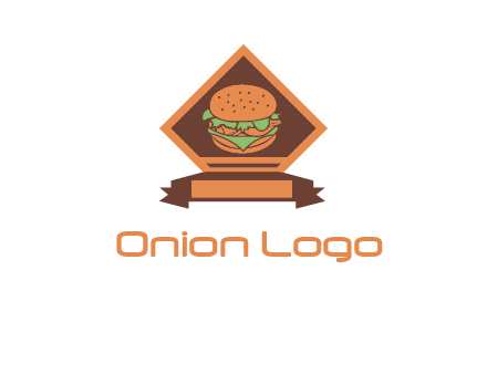 burger in rhombus with ribbon restaurant logo