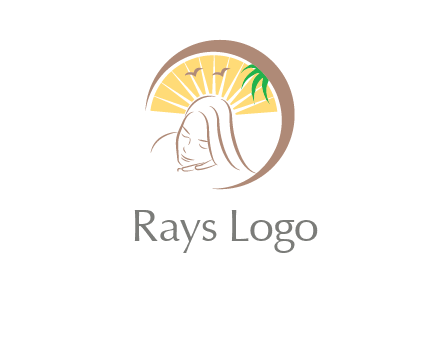 swoosh around sleeping woman head with rays and birds spa logo