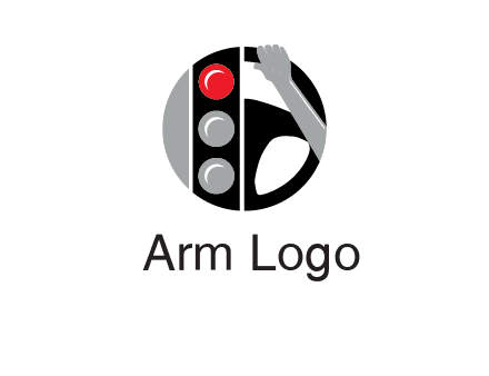 traffic light and steering wheel with hand in circle logo