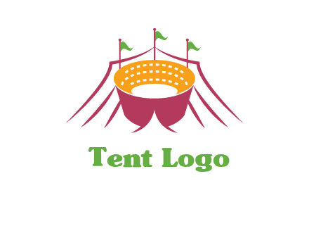 circus tent with flags around event logo