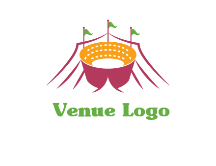 circus tent with flags around event logo