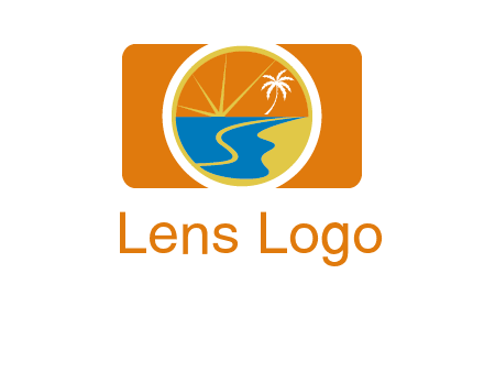 beach with palm tree and sun in camera photography logo