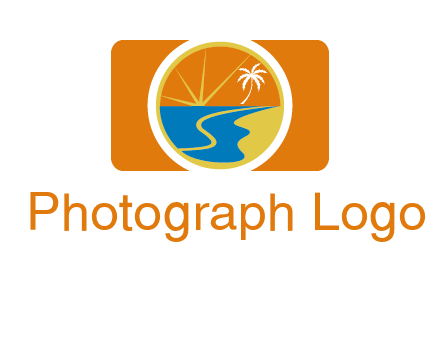 beach with palm tree and sun in camera photography logo