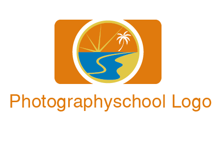 beach with palm tree and sun in camera photography logo