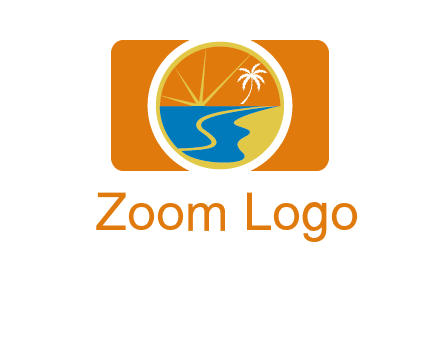 beach with palm tree and sun in camera photography logo