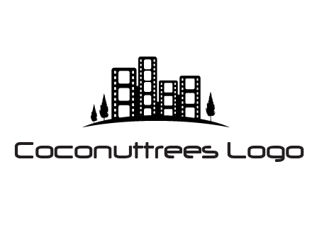 film reel buildings with trees logo