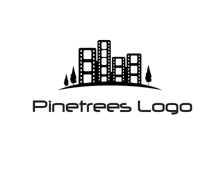 film reel buildings with trees logo