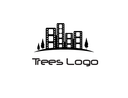 film reel buildings with trees logo