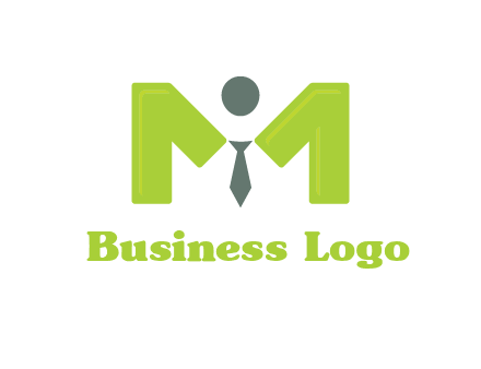 person with tie between letter M logo