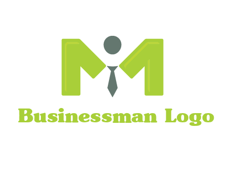 person with tie between letter M logo