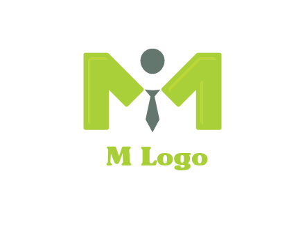 person with tie between letter M logo