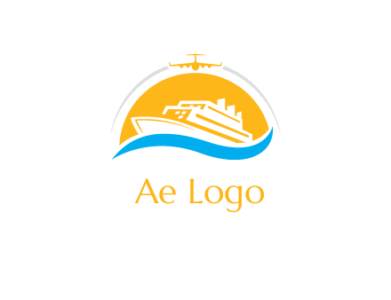 ship over the sun with water and airplane logo