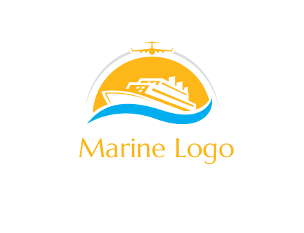 ship over the sun with water and airplane logo